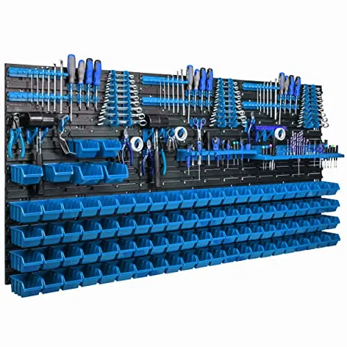 Lagersystem Wandregal 173x78cm, Werkzeughalterungen, 94 stck. Stapelboxen Schüttenregal Sichtlagerkästen, Extra Starke Wandplatten, Regal Erweiterbar, Werkstattregal Lagerregal Werkstattwandregal Ste
