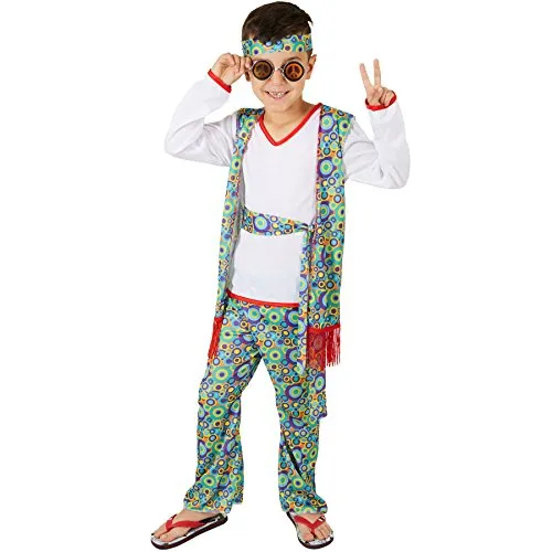 dressforfun Jungenkostüm Hippieboy | Coole, fetzige Weste mit Hippiemuster | Farbenfrohe Schlaghose auch mit Hippiemuster | Inkl. Haarband und Bindegürtel (3-4 Jahre)
