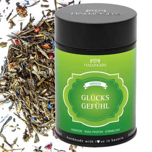 Hallingers Glücksgefühl Loser Grün-Tee mit Erdbeere, Rosa Pfeffer & Kornblume
