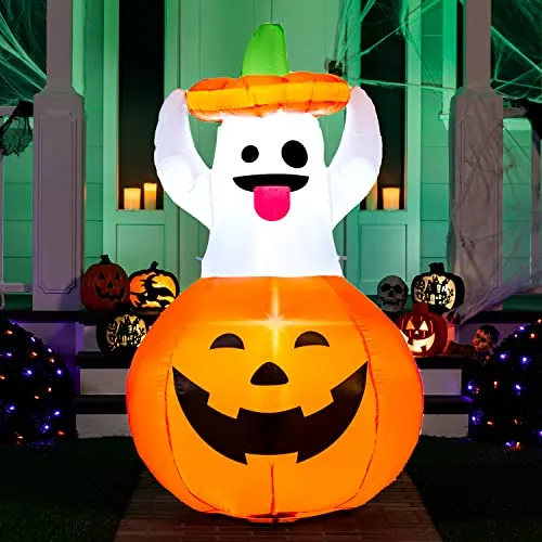Joiedomi Aufblasbarer Halloween-Geist, 152 cm, Outdoor-Dekorationen, aufblasbarer Hof-Dekorationen in Kürbis, aufblasbarer Geist mit LEDs für niedliche Halloween-Dekoration