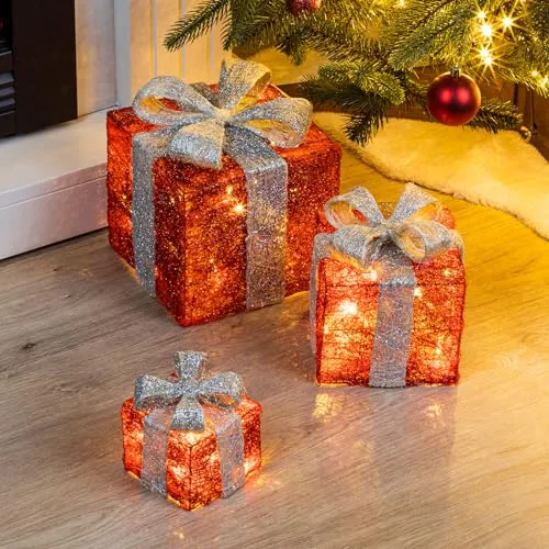 LED Geschenkboxen mit Timer 3er Set - Rot/Grau - Weihnachtlicher Zierschmuck mit warm weißer Beleuchtung und praktischer Timer-Funktion für stimmungsvolle Dekoration in der Adventszeit.