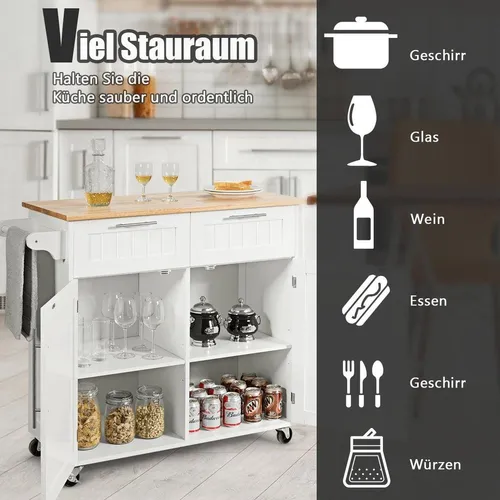 Küchenwagen Rollender Servierwagen mit Schubladen und Schränken 94 x 45,5 x 94,5 cm Weiß