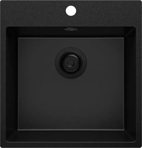PRIMAGRAN Spülbecken Alles Schwarz 48x50cm, Granitspüle 1 Becken + Ablauf-Set, Küchenspüle ab 50er Unterschrank - Riga S127