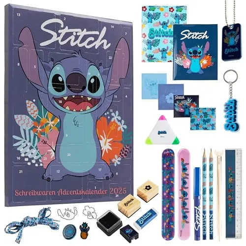 Disney Stitch Adventskalender 2025 Kinder Jugendliche Weihnachtskalender mit 24 Überraschungen Schreibwaren oder Haarschmuck Mädchen Geschenk Idee (Blau Stitch Schreibwaren)