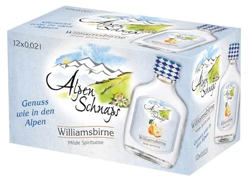 Alpenschnaps Steinbeisser Williamsbirne (12 x 20 ml) – Milder, aromatischer Williamsbirnen Schnaps – Obstschnaps mit Rezeptur aus dem Alpenland – Schnaps für den Genuss nach dem Essen – 35 % Vol.