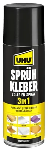 Uhu 48900 Sprühkleber 3 in 1 - Permanent, Korrigierbar, Wieder Ablösbar 200 ml - Sprühkleber für vielseitige Anwendungen: stark, schnell und sauber. Ideal für Styropor, mit einer speziellen Düse für präzises Kleben. Perfekt für kreative Projekte!
