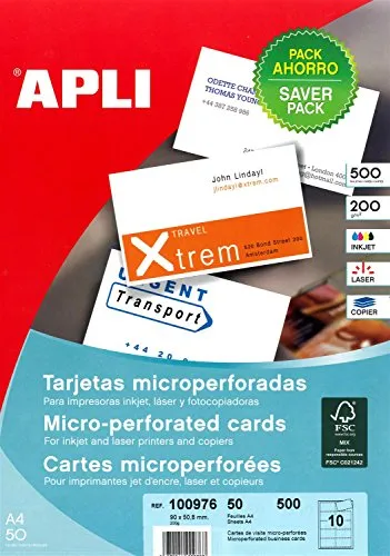 APLI 100976 500 Visitenkarten, 90 mm x 50,8 mm, 200 g, weiß