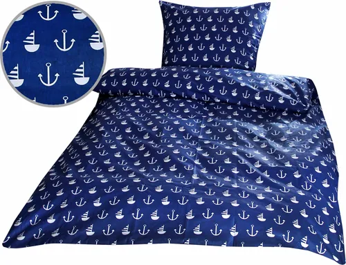 2-teilige Renforce Bettwäsche 135x200cm und 80x80cm - Anker mit Schiffen in Dunkelblau und Weiß - 100% Baumwolle, Bettgarnitur (KY-520/1-Renforce)
