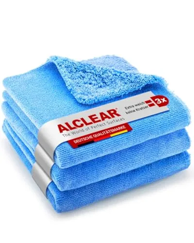 ALCLEAR 820203U_3 Auto Mikrofaser Poliertücher 3er Set 40x40 cm – superflauschig, ultraschallgeschnitten, Pkw Autoaufbereitung, Lackpflege, Felgenreinigung, streifenfrei, fusselfrei, hologrammfrei