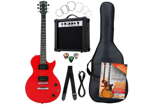 Rocktile E-Gitarre Banger's Set - Komplettset mit Verstärker - E-Gitarre im klassischen Single Cut-Outfit für druckvollen Sound! Komplettset mit Verstärker, Tasche, Kabel und Gitarrenschule – ideal für Einsteiger und Rock-Gitarristen.