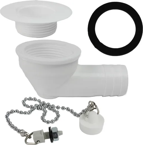 Ablauf Ablaufgarnitur Beckenauslauf mit Kette + Befestigung + Dichtung 19 mm Winkel 90° weiß