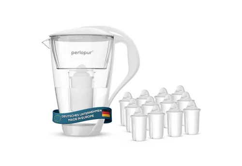 PearlCo Wasserfilter Glas Weiß mit 12 Universal Filterkartuschen
