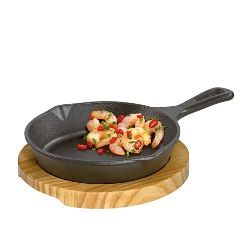 Küchenprofi Grillschale - Runde Servierpfanne mit Holzbrett - Pfannen für Grill und Backofen, aus wärmespeicherndem Gusseisen, ideal zum stilvollen Servieren kleiner Speisen am Tisch.