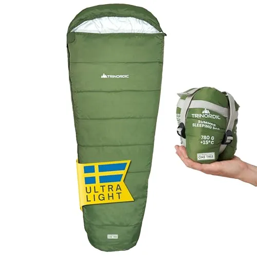 Trinordic 780g Ultraleicht Sommerschlafsack - Mumienschlafsäcke, ideal für Temperaturen ab +17°C, ultraleicht mit nur 780g und Anti-Klemm-Reißverschluss für mühelosen Komfort beim Camping und Trekking.