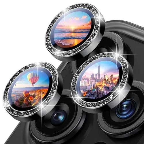 Uyiton für iPhone 15 Pro/iPhone 15 Pro Max Kameraschutz - Eigenständiges Design Anti-Kratzer, HD klare Fotos, Bling Linsenschutz Schutzglas Kamera Schutzfolie - Glitzer Schwarz