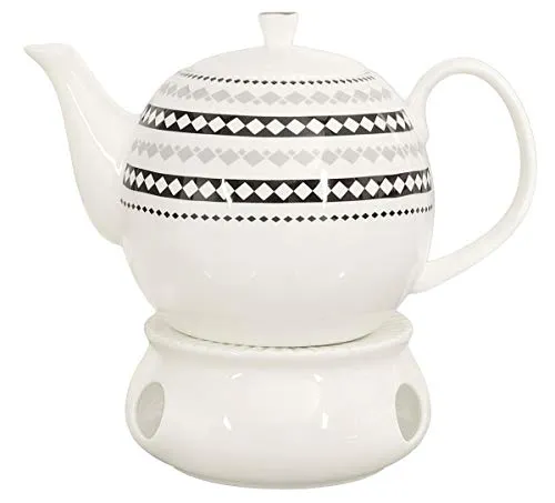 Buchensee Porzellan Kanne 1,5 Liter mit Stövchen. Elegantes Teeset/Kaffeeset aus Fine Bone China mit stilvollem Rautendekor