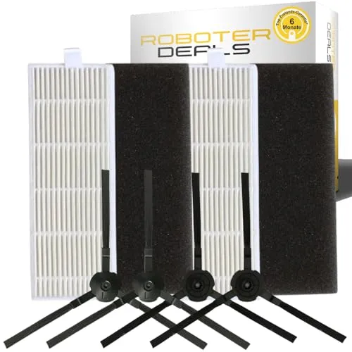 Zubehör Set, Ersatzteile für Ecovacs Deebot M82 (4x Seitenbürsten, 2x Filter). 100% passend und geprüfte Qualität. Stabile Borsten und dichte Filterstruktur.