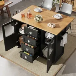 Ausziehbarer Küchenwagen Mit Handtuchhalter, Verstellbaren Regalen, 2 Türen Und 4 Schubladen, Schwarz, 138x73x93 Cm