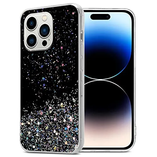 Cadorabo Hülle kompatibel mit Apple iPhone 14 PRO Rundumschutz TPU Silikon Case Mädchen Glitzer Strass Design Slim Kratzfest Weiche Gummi Bling Schutzhülle für Apple iPhone 14 PRO in Schwarz