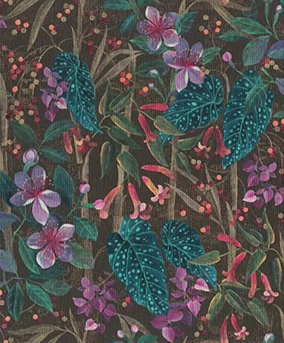 Vliestapete 538236 Curiosity floral grün lila in schwarz von Rasch