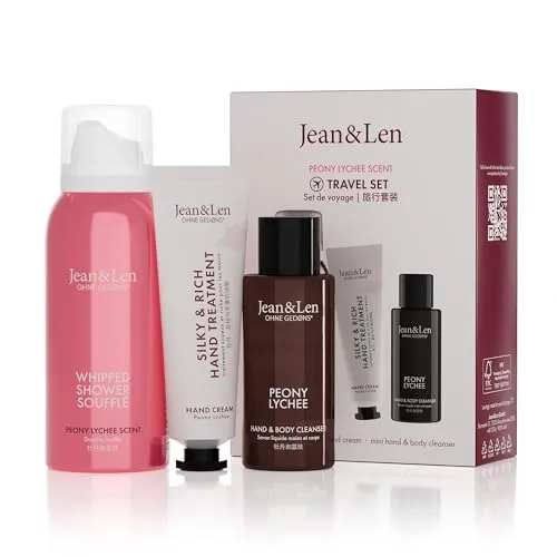 Jean & Len Pflege-Geschenkset Travel Set - Gesichtspflege-Set für unterwegs, ideal als Geschenk oder Mitbringsel. Enthält Hand & Body Cleanser, Hand Treatment und Shower Soufflé für sanfte Reinigung und intensive Feuchtigkeitspflege.