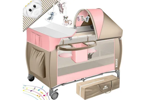 KIDIZ Baby-Reisebett: Beige/Rosa Kombi Set mit Wickelauflage - Reisebett für Babys ab Geburt, inklusive praktischer Wickelauflage und kompaktem Design für unterwegs.