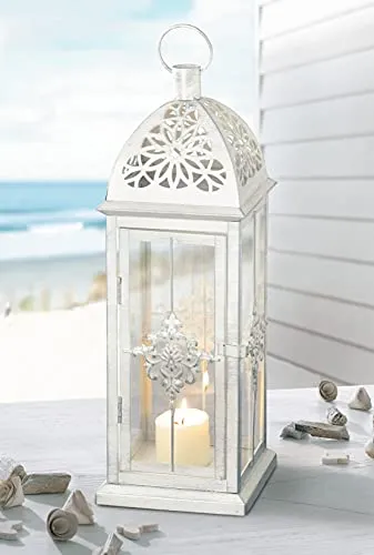 Laterne Barock aus Metall, weiß/Silber, 39 cm hoch, romantische Gartenlaterne, Metalllaterne, Windlicht, Hängelaterne, Kerzenlaterne, Garten-Deko für Draußen