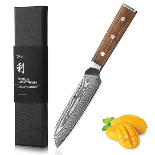 Wakoli Hickory Damastmesser Santoku 12,5 cm - Hochwertiges Santokumesser mit 12,5 cm Damaststahlklinge für präzise Schnitte. Ergonomischer Walnussholzgriff sorgt für optimale Kontrolle. Ideal als Geschenk in eleganter Box!