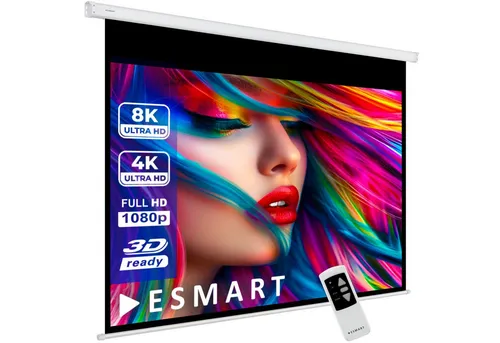 ESMART MIMOTO Motorleinwand - Beamer-Leinwände mit ESMART PerfectWhite 2 Leinwandtuch für brillantes Bild und 150° Betrachtungswinkel, inklusive programmierbarer Fernbedienung für bequeme Steuerung.
