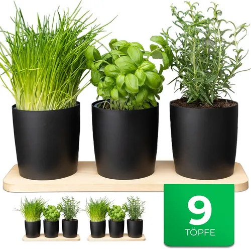 Novaliv Stilvolle Kräuterstation 9er Set mit Holzunterlage - Garten-Zubehör für frische Küchenkräuter: Elegantes Set mit 9 Töpfen und Holzunterlage, ideal für Fensterbänke und einfach zu pflegen.