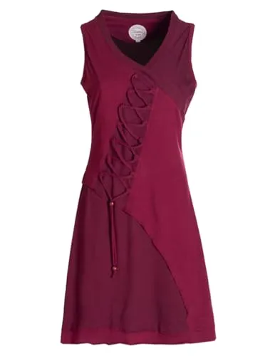 Vishes ärmelloses Damen-Kleid in dunkelrot - Handgefertigt aus 100% Baumwolle - Freizeitkleid für Damen, ideal für Frühjahr & Sommer. Das Wickelkleid-Design mit handbedruckten Mustern und verspielten Bändern sorgt für einen einzigartigen Look und hohen Tragekomfort.