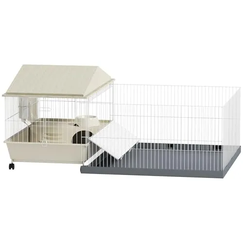 PawHut Meerschweinchenkäfig, Kleintierkäfig mit herausnehmbarem Laufstall wasserfeste Matte, Balkon, Futternapf, Rampe mit weicher Abdeckung, 4 Räder, für Meerschweinchen, Igel beige