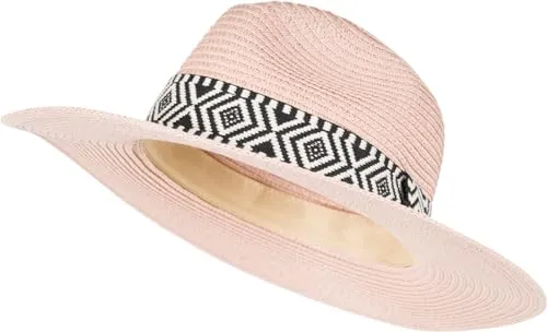 Produktbild styleBREAKER Damen Panama Sonnenhut Einfarbig mit Stoff Hutband mit Azteken Muster, Strohhut, Schlapphut, Sommerhut, Fedora Hut 04025046, Farbe:Altrose