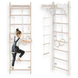Gymnastik-Sprossenwand für Kinder (210 cm) | Wandmontierte Trainingsleiter | Strickleiter für Kinder | Holz-Spielplatz für Zuhause | Turnringe 1... - Weiß