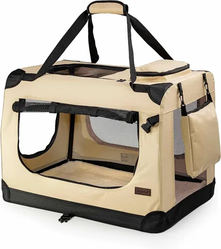 lionto Hundetransportbox faltbar - 82x58x58 cm, beige - Faltbare Hundebox für Reisen & Auto, robust aus Oxford-Gewebe mit Tragegriffen und gemütlichem Liegekissen, ideal für Hunde & Katzen bis 18 kg.