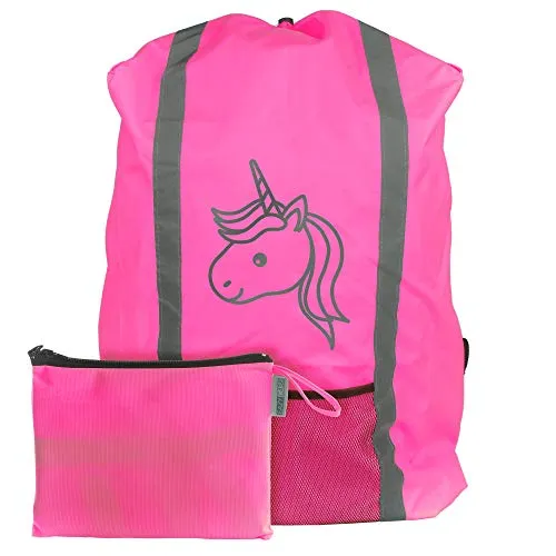EAZY CASE Rucksack Schulranzen Regenschutz, Schutzhülle mit Reflektorstreifen, Regenüberzug, Regenschutzhülle wasserabweisend mit Reflektor und Tasche, mehr Sicherheit im Straßenverkehr, Einhorn Pink