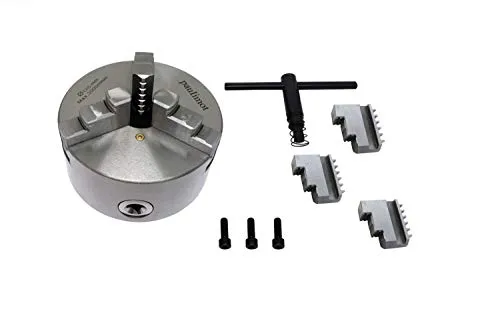 Dreibackenfutter 125 mm mit 3-Loch-Aufnahme - Korrekturmittel, Dreibackenfutter für Drehbank mit zylindrischer Aufnahme, inklusive Innen- und Außenbacken sowie Futterschlüssel für eine einfache Handhabung.