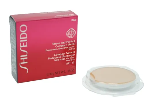 Shiseido SPF15 Sheer and Perfect Compact B60 Natural Deep Beige - Leichte Kompaktfoundation mit SPF 15 für ein makelloses Finish. Ideal für unterwegs, um den Teint zu perfektionieren und einen frischen Look zu erhalten.