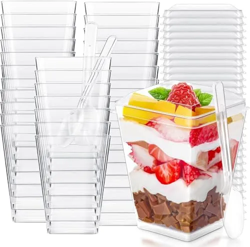 Exsink 40 Stück Desserttasse,mit Deckel und Löffeln, 5 OZ /160ML Klar | Wiederverwendbar Quadratischer dessertbecher, für Familiendesserts, Puddings, Mousses und Eispartys Dessertbecher