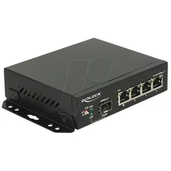 DELOCK 87704 - 4-Port Gigabit Ethernet Switch mit SFP - Netzwerk-Switch für die Verbindung verschiedener Komponenten, mit SFP-Schacht zur Erweiterung um Lichtwellenleiter-Anschluss. Robustes Metallgehäuse, lüfterlos und ideal für verschiedene Anwendungen.