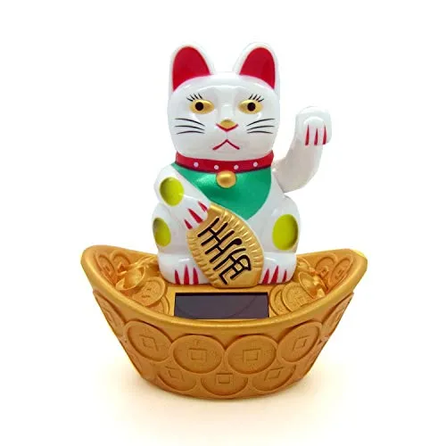 Starlet24® Winkende Glückskatze Winkekatze Lucky Cat Maneki-Neko Winkende Japanische Maneki-Neko (Weiss mit Solarzellen, 10cm)