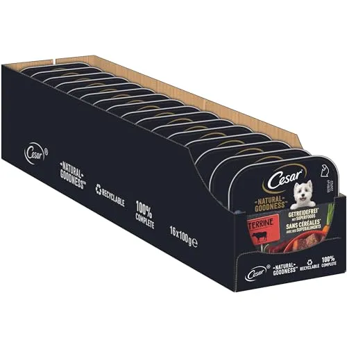 Cesar Goodness Terrine mit Rind getreidefrei 16x100 g - Leckere CESAR® NATURAL GOODNESS Terrine mit Rind in 100g-Schalen, ohne Getreide. Ideal für eine ausgewogene Ernährung Ihres Hundes, verfeinert mit feinen Gemüse- und Fruchtgeschmäckern.