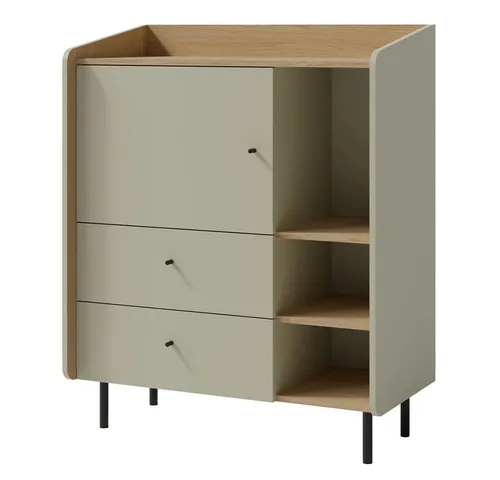 Lomadox Kommode ALAMO-133, grün mit Eiche Nb., 2 Schubladen, 1 Tür, 3 offene Fächer