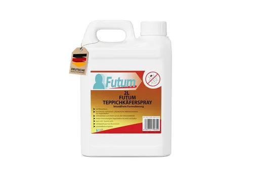 FUTUM Insektenspray Teppichkäferspray, 2 l - Effektive Insektenabwehr - Das FUTUM Teppichkäferspray bietet eine effektive Insektenabwehr mit einer biozidfreien Formel auf Wasserbasis. Ideal für den Innen- und Außenbereich, sorgt es für eine gezielte Bekämpfung von Schädlingen ohne schädliche Rückstände.