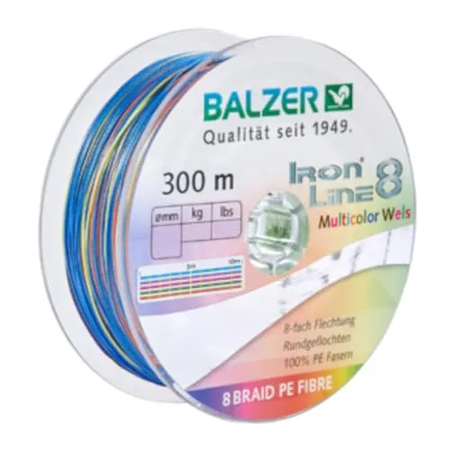 Balzer Ironline 8 Multicolor Wels - 300m Wallerschnur - Angelschnur mit 8-facher Flechtung und Farbwechsel alle 10m, bietet hohe Tragkraft von 40.8kg - ideal für Welsangler.