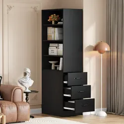 Regal Aus Spanplatte Schwarz 60 X 38 X 180 Cm Mit 4 Offenen Fächern, 3 Seitenschubladen Und 2 Verstellbaren Böden