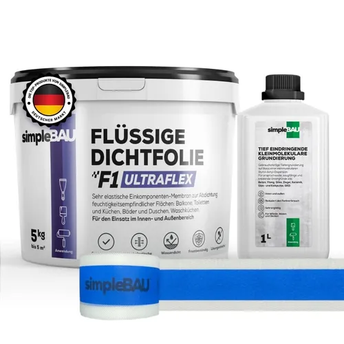 simpleBAU F1 Ultraflex Flüssig-Dichtfolie 5 kg Set - Dichtmaterialien für zuverlässigen Schutz, inklusive Grundierung und Dichtband für einfache Anwendung und maximale Flexibilität.