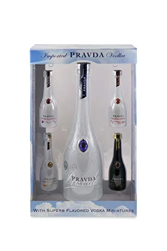 Pravda Wodka Geschenkset mit 4 verschiedenen flavored Miniaturen zum verschenken und sammeln (1 x 0.7 l + 4 x 0.05 l)