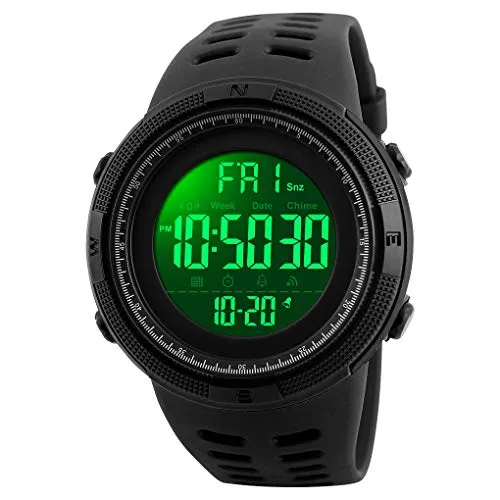 TONSHEN Herren Sport Uhr 50M Wasserdicht Militär Armbanduhr Plastik mit Silikon Digital Uhr Quarzuhr Kalender Alarm Stoppuhr Uhren für Männer, Schwarz
