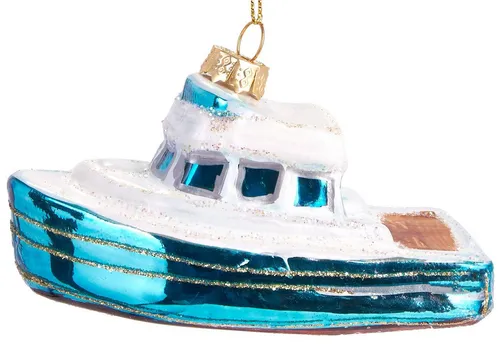 BRUBAKER Christbaumschmuck Mundgeblasene Weihnachtskugel Motorboot, Weihnachtsanhänger aus Glas, handbemalt